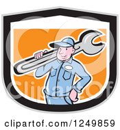 Poster, Art Print Of Cartoon Male Plumber Carrying A Wrench In A Black White And Orange Shield