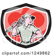 Poster, Art Print Of Cartoon Male Plumber With A Monkey Wrench In A Red And Black Shield