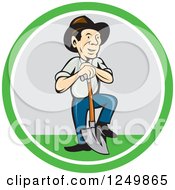 Cartoon Farmer Man With A Shovel In A Circle