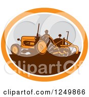 Poster, Art Print Of Retro Farmer Operating A Plowing Tractor In An Orange And Gray Oval