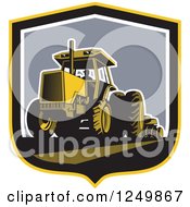 Clipart Of A Retro Farmer Operating A Plowing Tractor In A Shield Royalty Free Vector Illustration