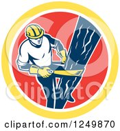 Clipart Of A Retro Male Lineman Climbing A Pole In A Red And Yellow Circle Royalty Free Vector Illustration