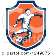 Poster, Art Print Of Retro Soccer Player In A Blue And Orange Shield