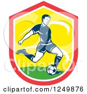 Poster, Art Print Of Retro Soccer Player Kicking In A Red And Yellow Shield