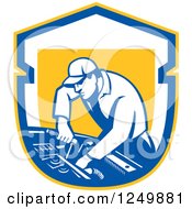 Clipart Of A Retro Male Car Mechanic Working On An Automobile In A Shield Royalty Free Vector Illustration