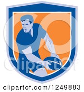 Poster, Art Print Of Retro Rugby Player In A Blue And Orange Shield