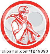 Poster, Art Print Of Retro Woodcut Male Miner With A Pickaxe In A Gray And Red Circle