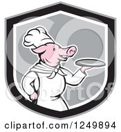 Clipart Of A Cartoon Chef Pig Holding A Platter In A Shield Royalty Free Vector Illustration