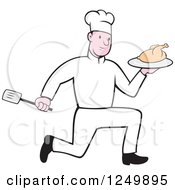 Cartoon Male Chef Running With A Roasted Chicken