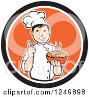 Cartoon Male Chef Holding A Bowl Of Hot Soup In A Black And Orange Circle