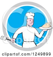 Cartoon Male Chef Holding A Roasted Chicken In A Blue And Gray Circle
