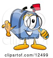 Clipart Picture Of A Blue Postal Mailbox Cartoon Character Looking Through A Magnifying Glass by Toons4Biz