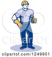 Poster, Art Print Of Retro Male Construction Worker Holding A Thumb Up