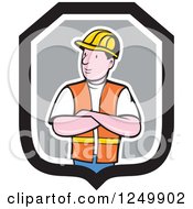 Poster, Art Print Of Cartoon Male Construction Worker With Folded Arms In A Shield