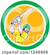 Clipart Of A Cartoon Cricket Batsman Player In A Yellow And Green Circle Royalty Free Vector Illustration