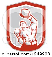 Poster, Art Print Of Retro Male Boxer Punching In A Gray And Red Shield