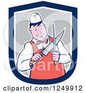 Poster, Art Print Of Cartoon Male Butcher Sharpening A Knife In A Shield