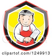 Cartoon Asian Butcher Man With A Meat Ceaver In A Shield