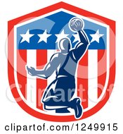 Poster, Art Print Of Retro Blue Basketball Player Dunking Over An American Shield