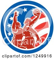 Poster, Art Print Of Retro Male Basketball Players In An American Flag Circle