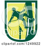 Poster, Art Print Of Green Arborist Climbing A Pole In A Shield