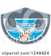 Poster, Art Print Of Retro Male Bodybuilder Squatting With A Barbell In A Shield