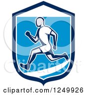 Poster, Art Print Of Retro Male Runner In A Blue And White Shield