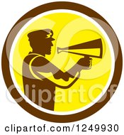 Poster, Art Print Of Retro Silhouetted Director Using A Bullhorn In A Brown And Yellow Circle