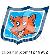 Poster, Art Print Of Cartoon Happy Fox Face In A Blue Shield