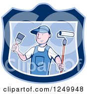 Clipart Of A Cartoon Male Painter In A Blue Shield Royalty Free Vector Illustration