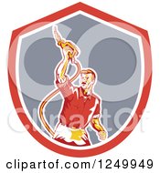 Clipart Of A Retro Gas Station Attendant Man Holding Up A Nozzle In A Shield Royalty Free Vector Illustration