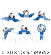 Clipart Of 3d Soccer Balls And Blue Ribbons Royalty Free Vector Illustration