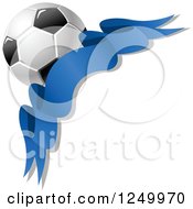 Clipart Of A 3d Soccer Ball And Blue Ribbon Banner 4 Royalty Free Vector Illustration
