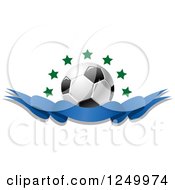 Clipart Of A 3d Soccer Ball With Stars And A Blue Ribbon Banner Royalty Free Vector Illustration