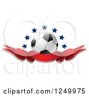 Clipart Of A 3d Soccer Ball With Stars And A Red Ribbon Banner Royalty Free Vector Illustration