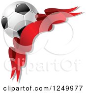 Clipart Of A 3d Soccer Ball And Red Corner Ribbon Banner Royalty Free Vector Illustration