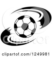 Clipart Of A Black And White Soccer Ball And Swooshes Royalty Free Vector Illustration
