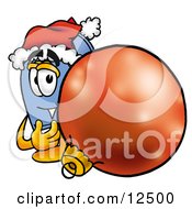 Clipart Picture Of A Blue Postal Mailbox Cartoon Character Wearing A Santa Hat Standing With A Christmas Bauble by Toons4Biz