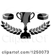 Clipart Of A Black And White Hockey Trophy With Laurels And Pucks Royalty Free Vector Illustration