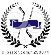 Clipart Of A Black And White Laurel Wreath With Hockey Sticks And A Blue Banner Royalty Free Vector Illustration