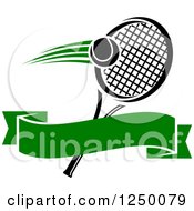 Clipart Of A Tennis Ball And Racket With A Green Blank Ribbon Banner Royalty Free Vector Illustration