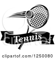 Clipart Of A Black And White Tennis Ball And Racket With A Ribbon Banner Royalty Free Vector Illustration