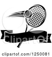 Clipart Of A Black And White Tennis Ball And Racket With A Blank Ribbon Banner Royalty Free Vector Illustration