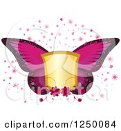 Clipart Of A 3d Golden Shield With Magenta Flowers And Butterfly Wings Royalty Free Vector Illustration