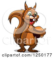 Clipart Of A Cartoon Happy Squirrel Hugging An Acorn Royalty Free Vector Illustration
