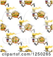 Poster, Art Print Of Seamless Background Pattern Of Cheeseburgers Running With Fries And Sodas