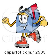 Poster, Art Print Of Blue Postal Mailbox Cartoon Character Roller Blading On Inline Skates