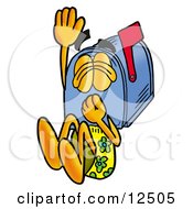 Clipart Picture Of A Blue Postal Mailbox Cartoon Character Plugging His Nose While Jumping Into Water by Toons4Biz