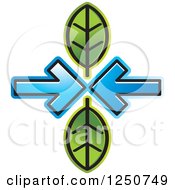 Clipart Of Two Blue Arrows Pointing At Each Other And Two Green Leaves Royalty Free Vector Illustration