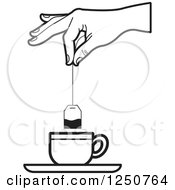 Clipart Of A Black And White Hand Dipping A Tea Bag Into A Cup Royalty Free Vector Illustration